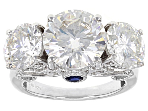 Photo of MOISSANITE FIRE® 8.14CTW DEW ROUND AND .22CTW ROUND BLUE SAPPHIRE PLATINEVE™ RING - Size 7