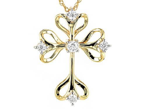 MOISSANITE FIRE® .37CTW DEW 14K YELLOW GOLD OVER SILVER CROSS PENDANT & ROPE CHAIN