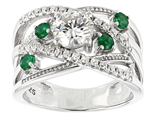 MOISSANITE FIRE® 1.28CTW DEW ROUND AND .24CTW ROUND EMERALD PLATINEVE™ RING - Size 6