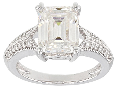 Photo of MOISSANITE FIRE® 3.83CTW DEW EMERALD CUT AND ROUND PLATINEVE® RING - Size 10