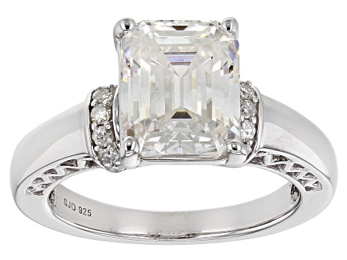 MOISSANITE FIRE(R) 3.69CTW DEW EMERALD CUT AND ROUND PLATINEVE(R) RING - Size 8