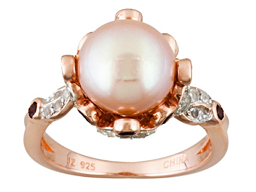9.5-10mm Cultured Freshwater Pearl & 0.3ctw Rhodolite & 0.3ctw Topaz 18k Rose Gold Over Silver Ring - Size 11