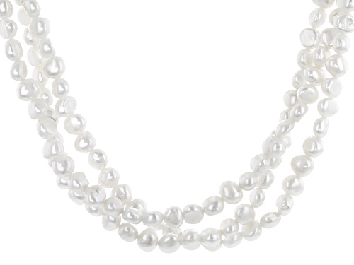 6-7mm White Cultured Freshwater Pearl Rhodium Over Sterling Silver 20 Inch Multi-Row Necklace - Size 20