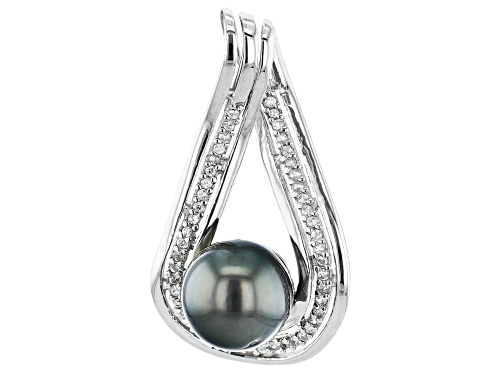 9-10mm Cultured Tahitian Pearl With White Zircon Rhodium Over Sterling Silver Pendant
