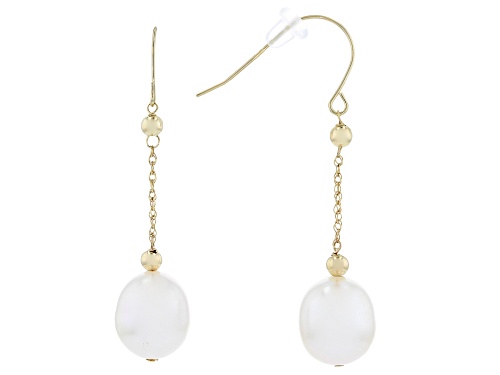 9.5-10mm White Cultured Freshwater Pearl 14k Yellow Gold Dangle Earrings