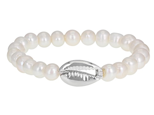 7-8mm White Cultured Freshwater Pearl Rhodium Over Sterling Silver Stretch Bracelet