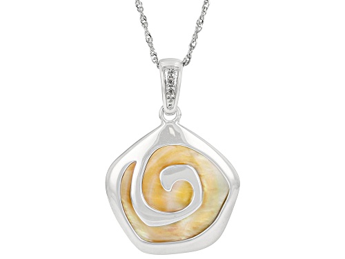 Golden South Sea Mother-of-Pearl & White Zircon Rhodium Over Sterling Silver Pendant with Chain
