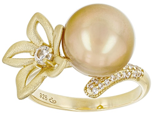 10mm Golden Cultured South Sea Pearl & White Zircon 18k Yellow Gold Over Sterling Silver Ring - Size 9