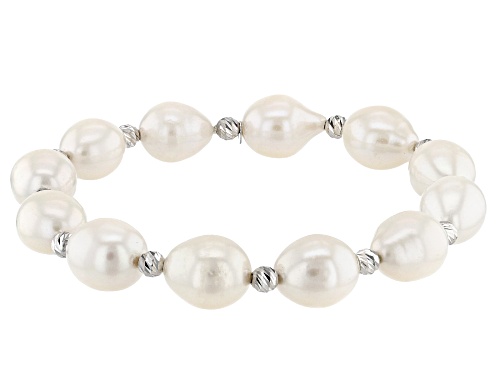 10.5-11.5mm White Cultured Freshwater Pearl Rhodium Over Sterling Silver Stretch Bracelet - Size 7.5