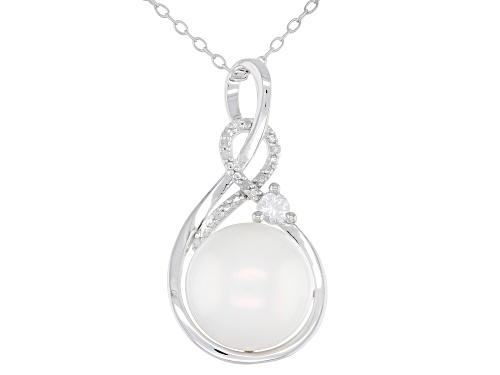 Photo of 11-12mm Cultured Freshwater Pearl, Diamond Accent, Lab Created Sapphire Rhodium Over Silver Pendant