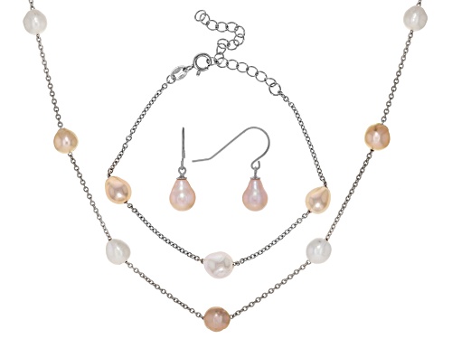 Genusis™ 6-8mm Cultured Freshwater Pearl Rhodium Over Silver Necklace, Bracelet, & Earring Set