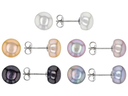 9-10mm Multi-Color Cultured Freshwater Pearl Rhodium Over Sterling Silver Stud Earrings Set of 5