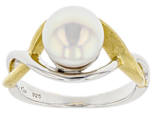 Photo of 8mm White Cultured Japanese Akoya Pearl Rhodium & 18k Yellow Gold Over Sterling Silver Ring - Size 10