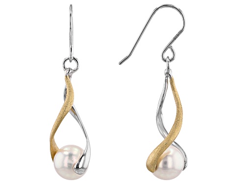 8mm White Cultured Japanese Akoya Pearl Rhodium & 18k Yellow Gold Over Sterling Silver Earrings