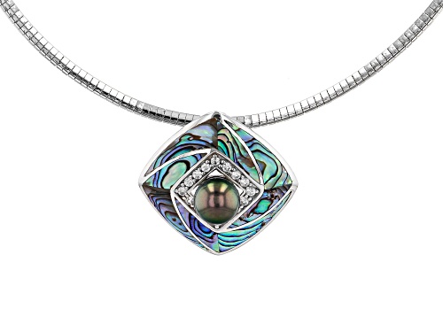 9-10mm Cultured Tahitian Pearl, Abalone Shell, & Zircon Rhodium Over Silver Pendant With Omega Chain