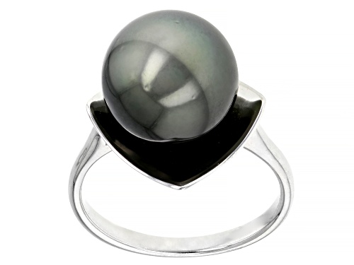 Photo of 10-11mm Cultured Tahitian Pearl Rhodium Over Sterling Silver Ring - Size 12