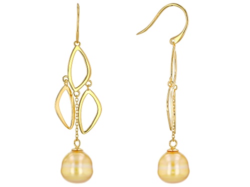 10-11mm Golden Cultured South Sea Pearl 18k Yellow Gold Over Sterling Silver Dangle Earrings