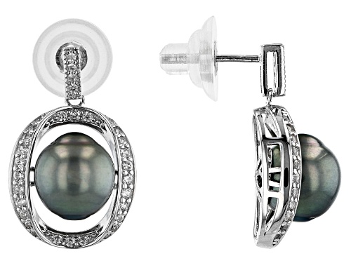 Photo of 9-10mm Cultured Tahitian Pearl & 0.95ctw White Zircon Rhodium Over Sterling Silver Earrings