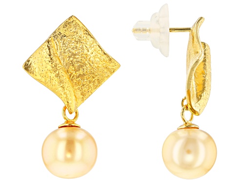 10mm Golden Cultured South Sea Pearl 18k Yellow Gold Over Sterling Silver Earrings