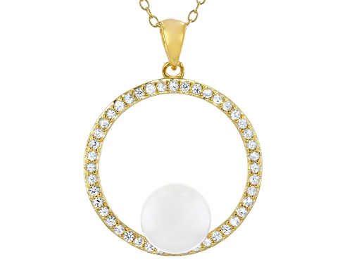 Photo of 8-8.5mm White Cultured Japanese Akoya Pearl & White Zircon 14k Yellow Gold Over Silver Pendant