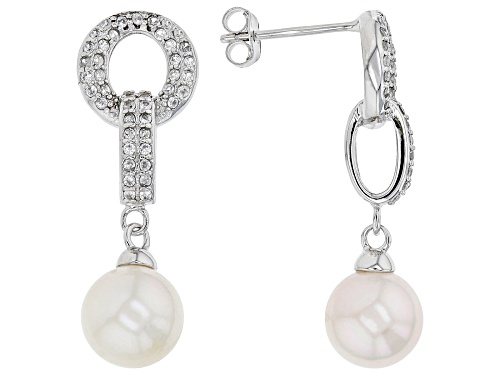 Photo of 8-8.5mm White Cultured Japanese Akoya Pearl & White Zircon Rhodium Over Sterling Silver Earrings
