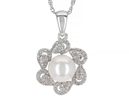 8mm White Cultured Japanese Akoya Pearl & White Zircon Rhodium Over Silver Pendant With Chain
