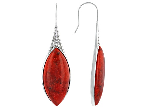 Photo of 15x34mm Red Sponge Coral & White Topaz Rhodium Over Sterling Silver Earrings