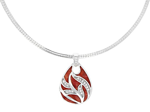 Red Sponge Coral & 0.24ctw White Zircon Rhodium Over Sterling Silver Pendant With Chain