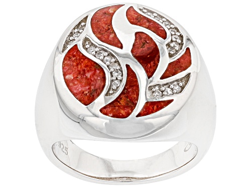 Red Sponge Coral & White Zircon Rhodium Over Sterling Silver Ring - Size 6