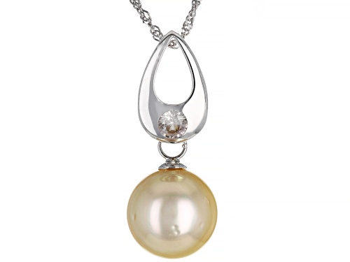 12-13mm Golden Cultured South Sea Pearl & Zircon Rhodium Over Sterling Silver Pendant With Chain