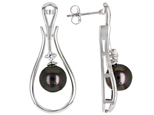 Photo of 9-10mm Cultured Tahitian Pearl & White Zircon 0.40ctw Rhodium Over Sterling Silver Earrings