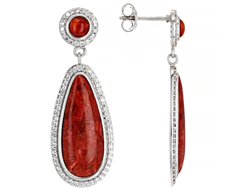 Photo of Red Sponge Coral & White Zircon 1.60ctw Rhodium Over Sterling Silver Earrings