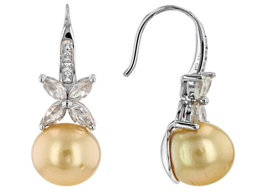Photo of 10mm Golden Cultured South Sea Pearl & 1.88ctw White Zircon Rhodium Over Sterling Silver Earrings