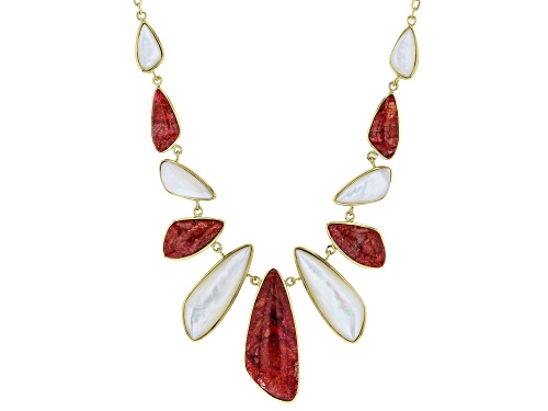 Photo of Red Sponge Coral & White South Sea Mother-of-Pearl 18k Yellow Gold Over Silver 18 Inch Necklace - Size 18