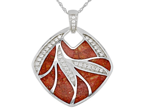 Photo of Red Sponge Coral & White Zircon Rhodium Over Sterling Silver Pendant With Chain