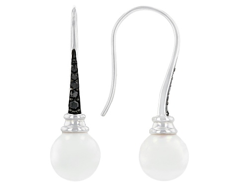Photo of 8mm White Cultured Japanese Akoya Pearl & Black Spinel Rhodium Over Sterling Silver Earrings