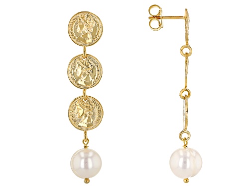 Photo of 9-10mm White Cultured Freshwater Pearl With Coin Accents 18k Yellow Gold Over Silver Earrings