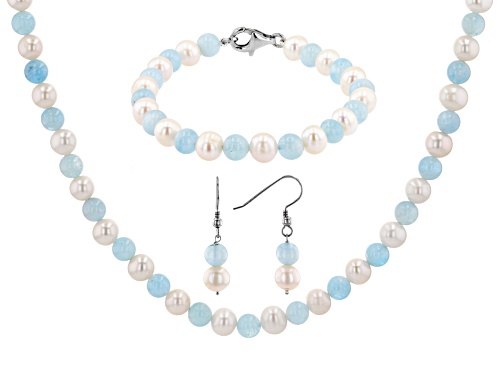 White Cultured Freshwater Pearl & Aquamarine Rhodium Over Silver Necklace, Bracelet, & Earrings Set