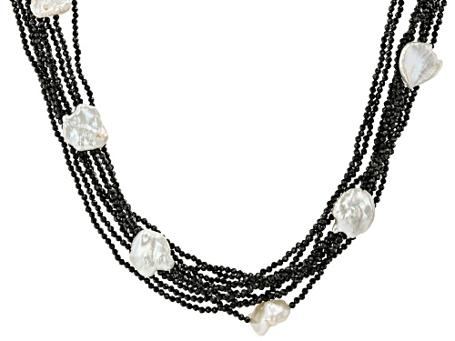 Photo of White Cultured Keshi Freshwater Pearl, Black Spinel, & White Zircon Rhodium Over Silver Necklace - Size 20