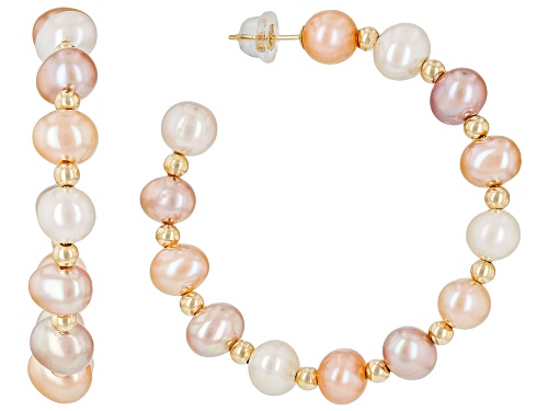 6-7mm Multi-Color Cultured Freshwater Pearl 14k Yellow Gold Hoop Earrings