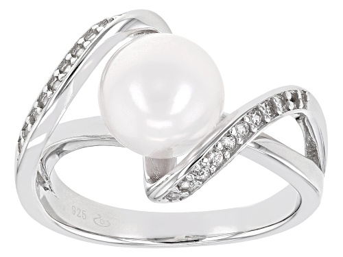Photo of 8mm White Cultured Japanese Akoya & 0.11ctw White Zircon Rhodium Over Sterling Silver Ring - Size 12