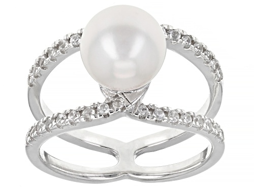 8mm White Cultured Japanese Akoya & White Zircon  Rhodium Over Sterling Silver Ring - Size 12