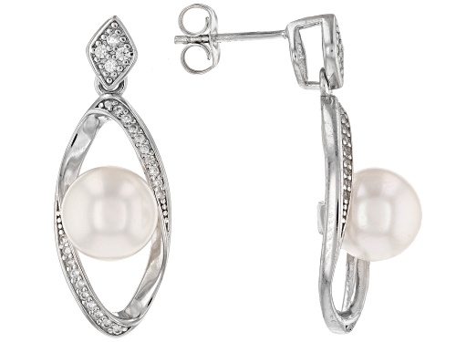 Photo of 8mm White Cultured Japanese Akoya Pearl & White Zircon Rhodium Over Sterling Silver Earrings