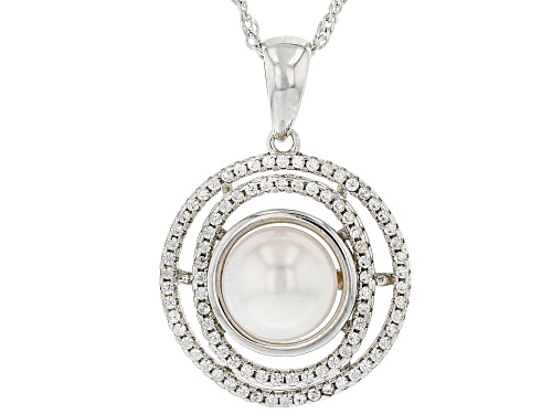 Photo of 8mm White Cultured Japanese Akoya Pearl & Zircon Rhodium Over Sterling Silver Pendant With Chain