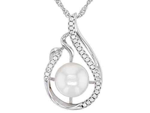 Photo of 8mm White Cultured Japanese Akoya Pearl & White Zircon Rhodium Over Sterling Silver Pendant/Chain