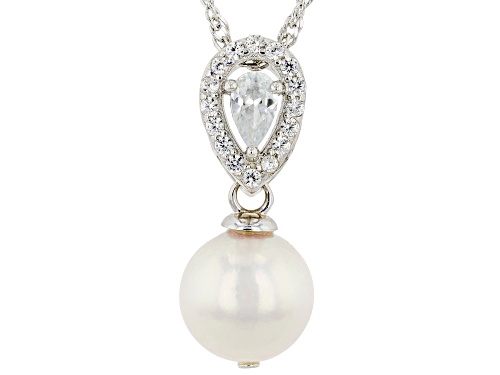 Photo of 8mm White Cultured Japanese Akoya Pearl & White Zircon Rhodium Over Silver Pendant With Chain
