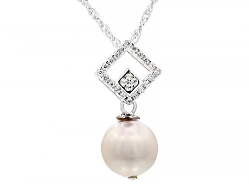 Photo of 8mm White Cultured Japanese Akoya Pearl & Zircon Rhodium Over Sterling Silver Pendant With Chain