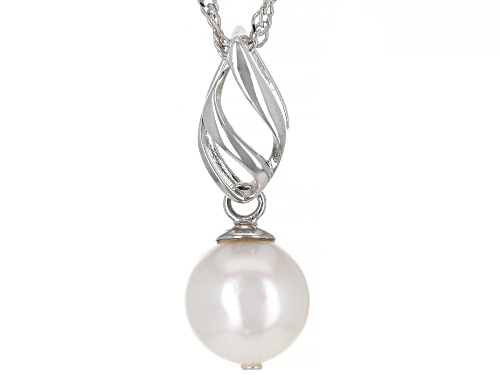 8mm White Cultured Japanese Akoya Pearl Rhodium Over Sterling Silver Pendant With Chain