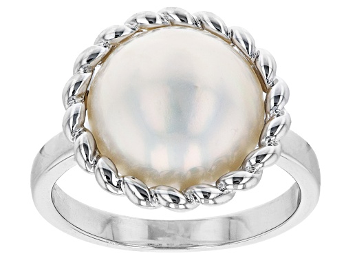 12mm White Cultured South Sea Mabe Pearl Rhodium Over Sterling Silver Ring - Size 12