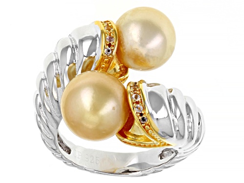 Photo of 9-10mm Golden Cultured South Sea Pearl & White Topaz Rhodium & 14k Yellow Gold Over Silver Ring - Size 10